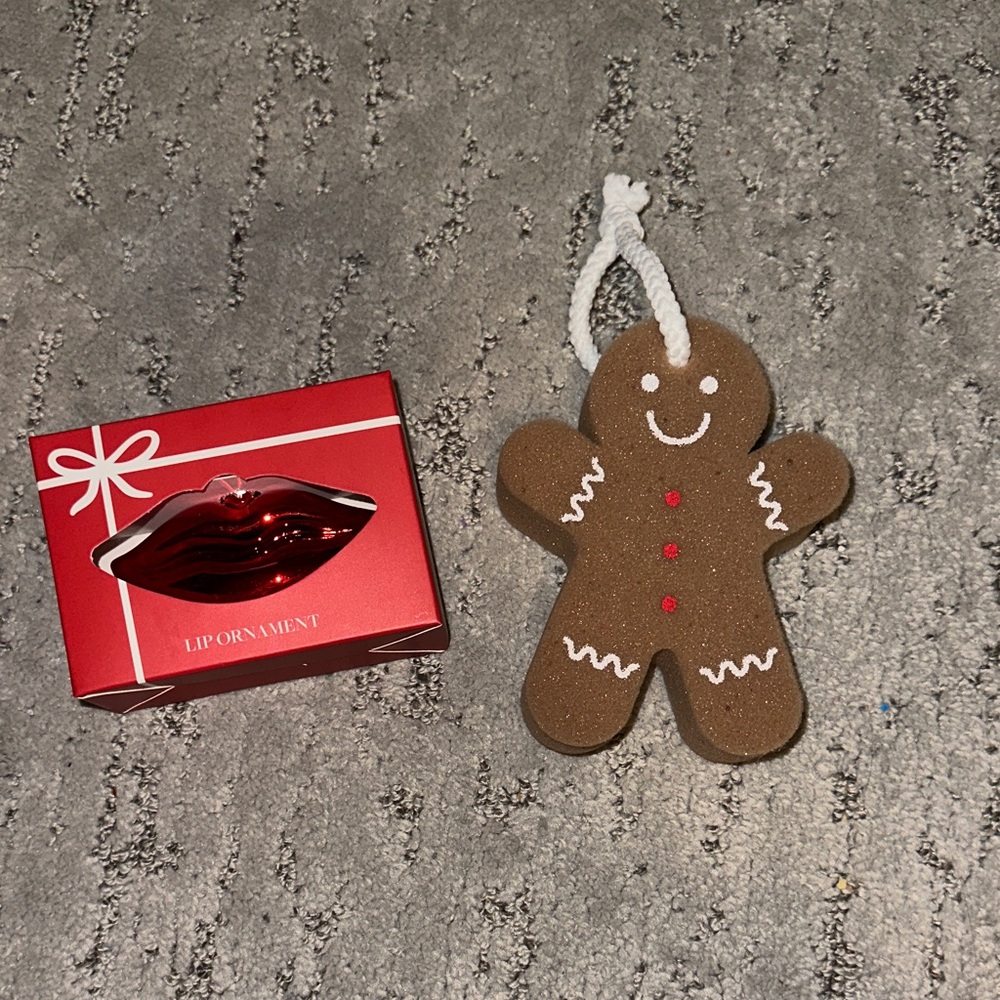 Festive Brown Gingerbread Man Sponge and a Red Lip Ornament